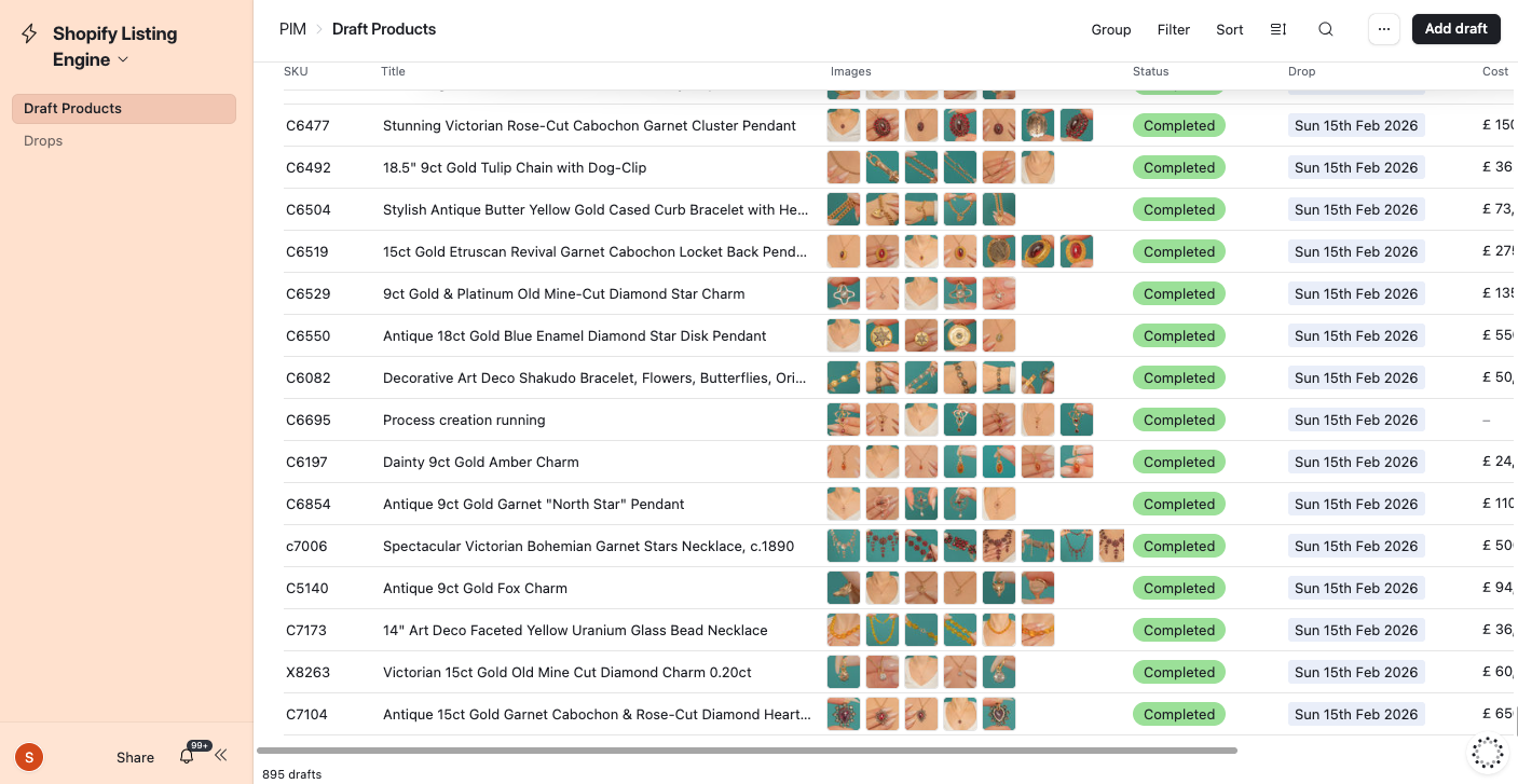 Lillicoco's draft products list in Airtable, showing vintage jewelry SKUs with titles, images, completion status, and assigned drop date.