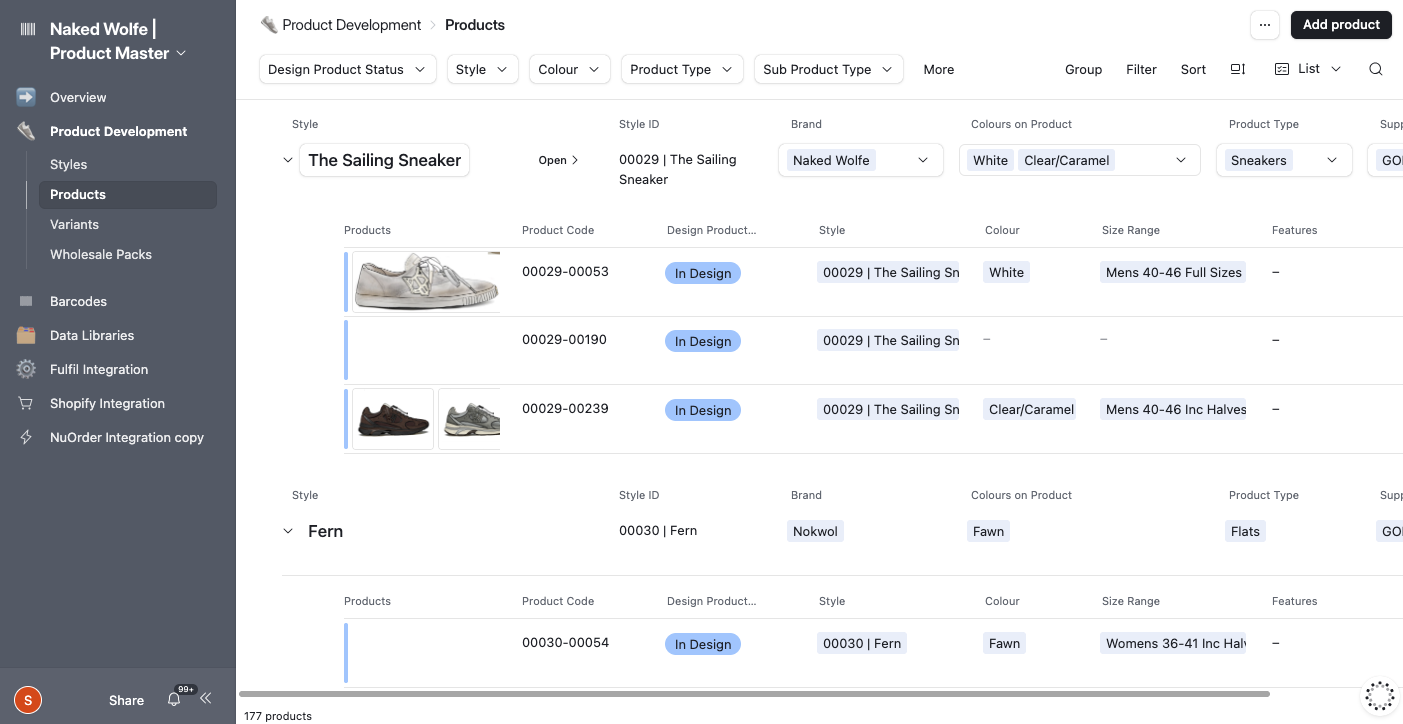 Naked Wolfe's product master in Airtable, grouped by style with product codes, colors, size ranges, and design status.