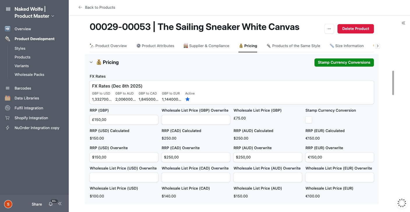 Naked Wolfe's product pricing page in Airtable showing RRP and wholesale prices across GBP, USD, EUR, CAD, and AUD with automated FX rate conversion.