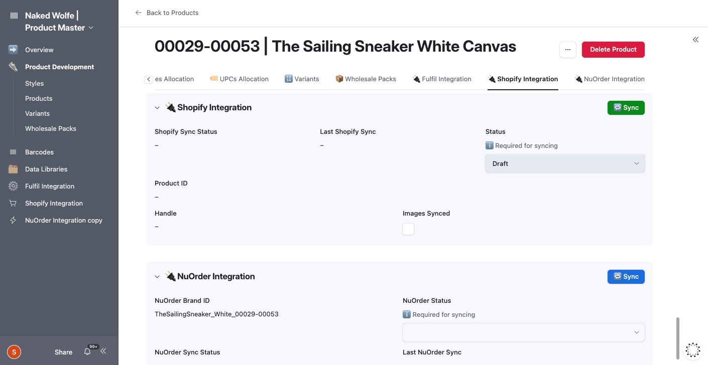 Naked Wolfe's product integrations page in Airtable with Shopify and nuOrder sync panels, showing sync status and one-click push controls.